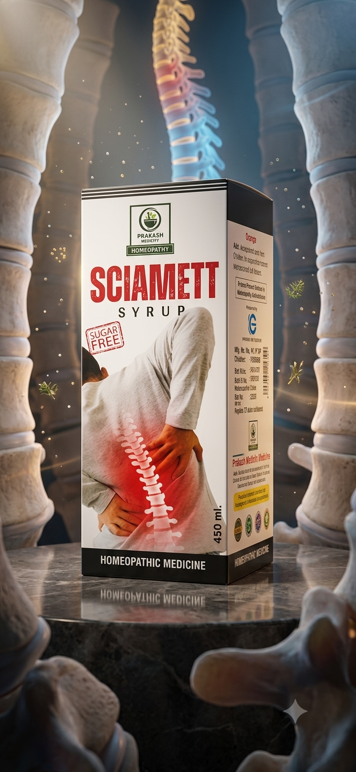 SCIAMETT SYRUP — For sciatica and lower back pain. Sugar free homoeopathic syrup, 450 ml. by Prakash Medicity Homeopathy