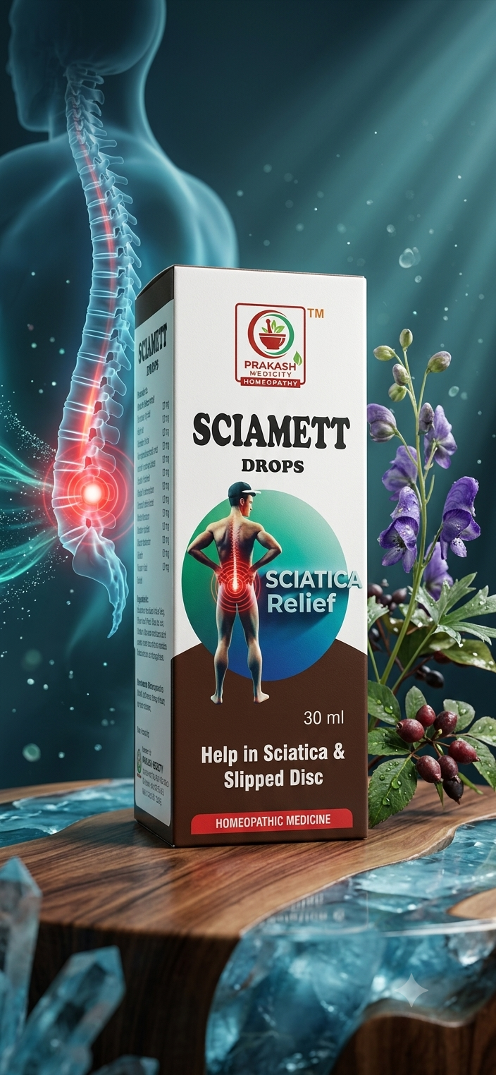 SCIAMETT DROPS — Helps in sciatica and slipped disc. Homoeopathic drops, 30 ml. by Prakash Medicity Homeopathy