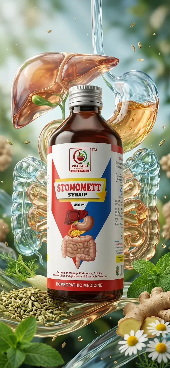 STOMOMETT SYRUP — For flatulence, acidity and stomach disorders. Homoeopathic syrup, 450 ml. by Prakash Medicity Homeopathy