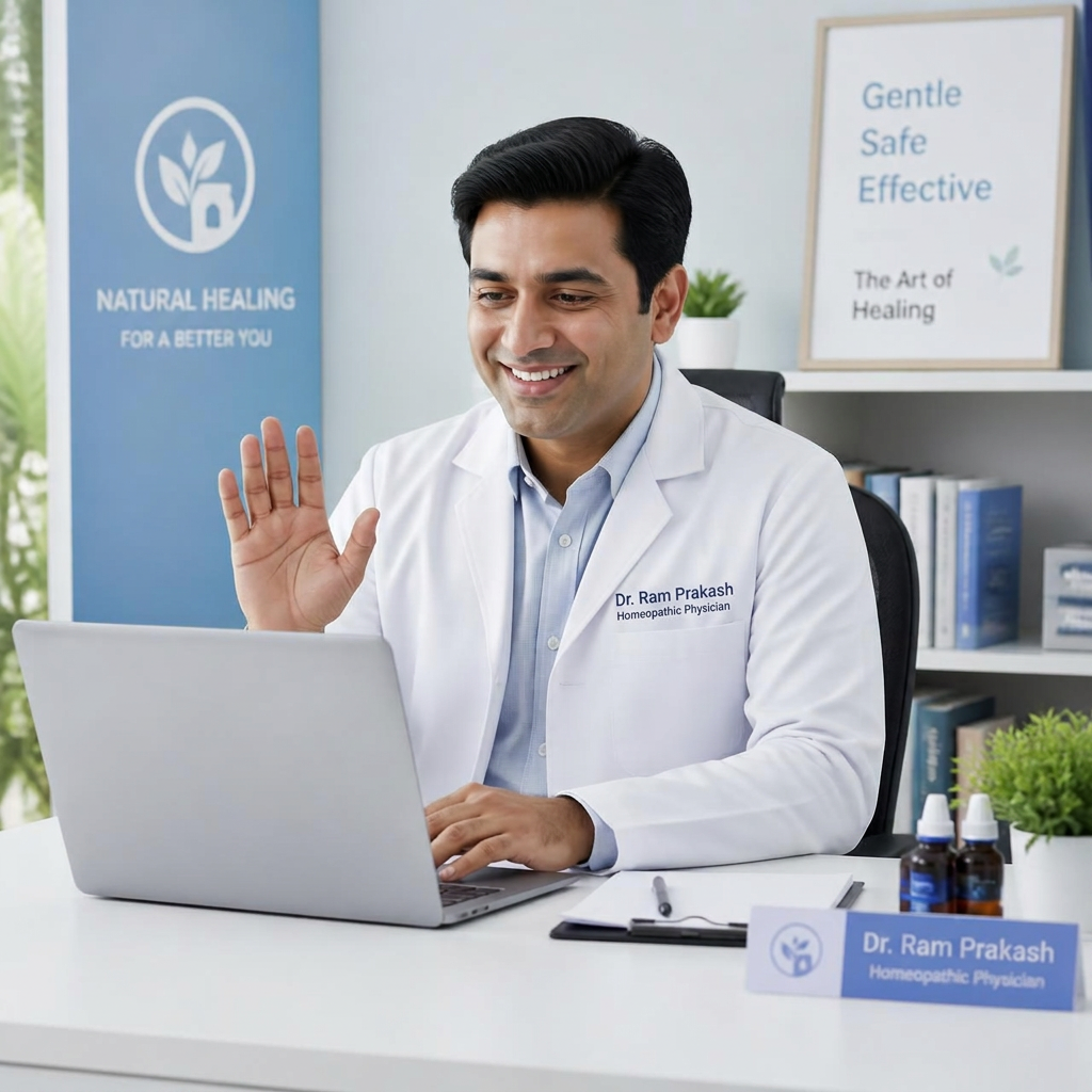 Homeopathic doctor consulting a patient over video call